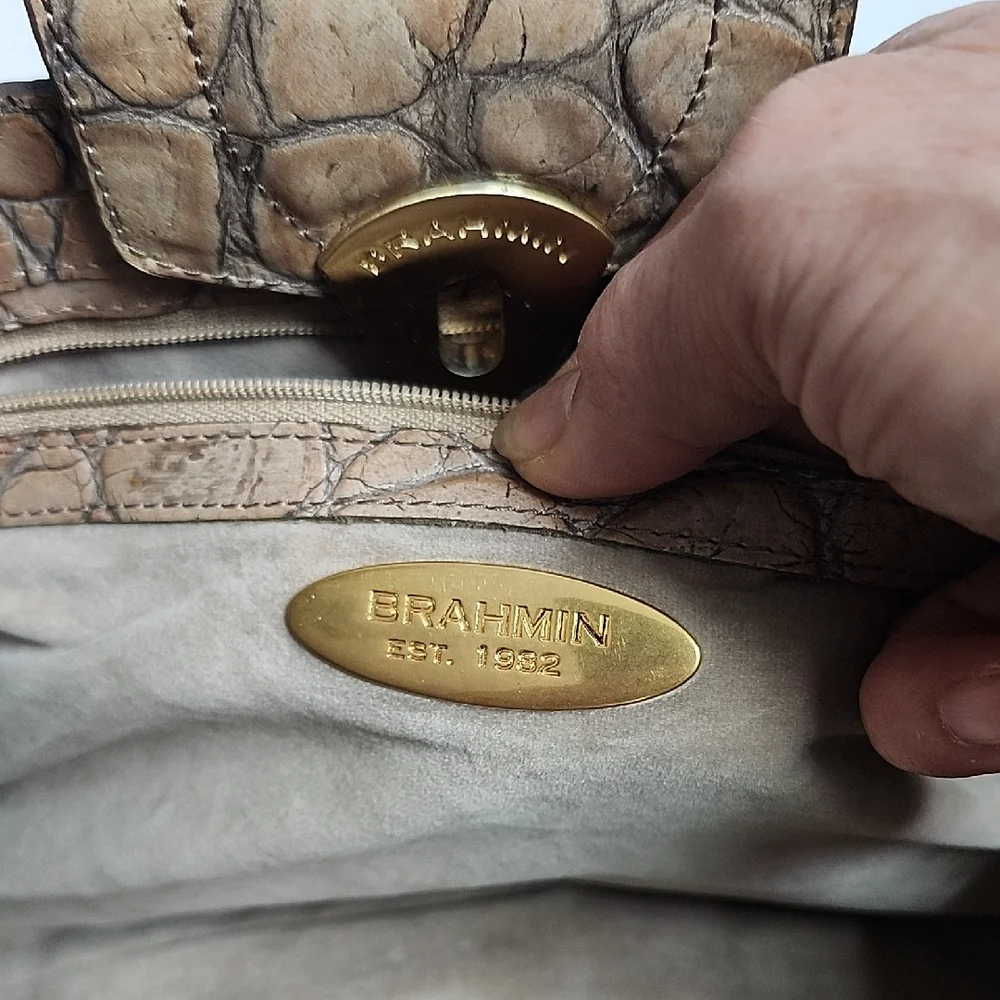 Brahmin Tan Croc-Embossed Leather Shoulder Bag with Goldtone Hardware Medium
